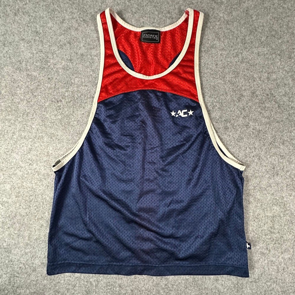 Andrew Christian Mesh Tank Top Small Blue Mens Racerback Stars Athletic